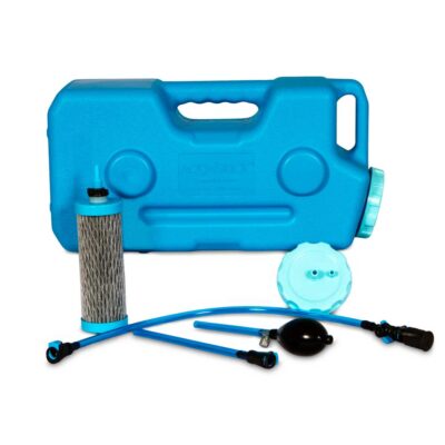 AquaBrick portable water purification system with DuraFlo filter hand pump and tubing