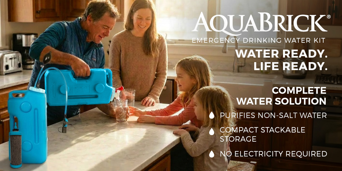Family using the AquaBrick® Emergency Drinking Water Kit to pour clean drinking water at home during emergency preparedness
