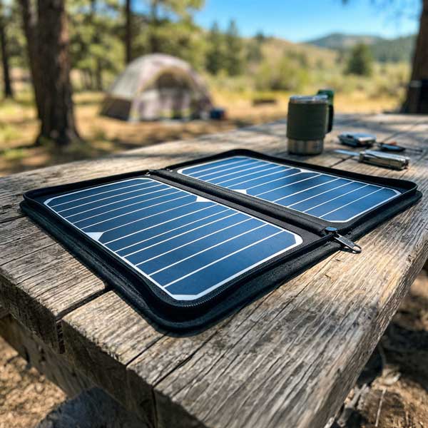 kelly kettle usa solar charger with micro usb cable on outdoor campground table