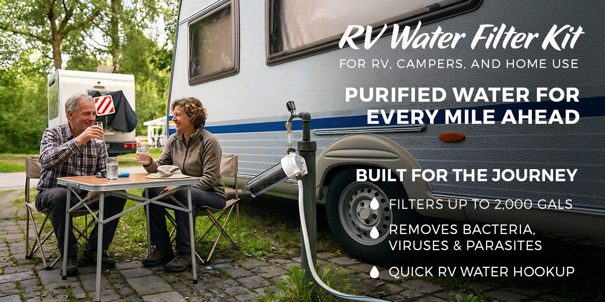 RV water filter kit connected to a campground water source beside a motorhome while campers enjoy clean drinking water outdoors